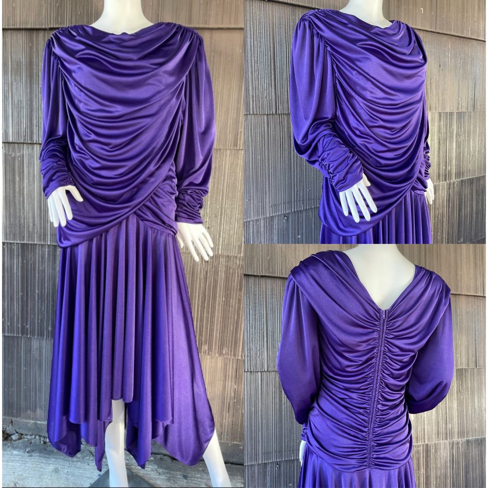🔥Vintage 70s-80s Draped Ruched Drop Waist Asymmetrical Purple Party Dress S-M